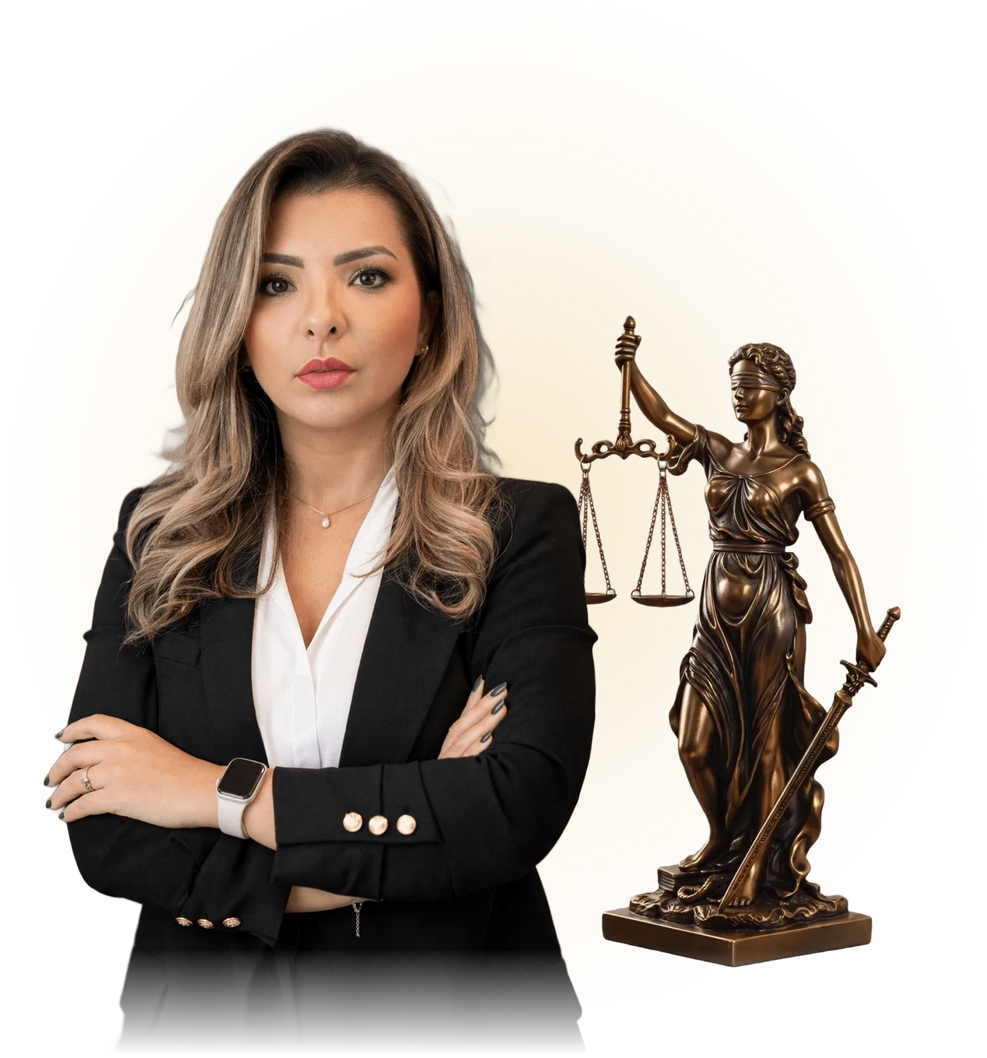 Dra. Elessandra Franco ao lado da estátua da Justiça
